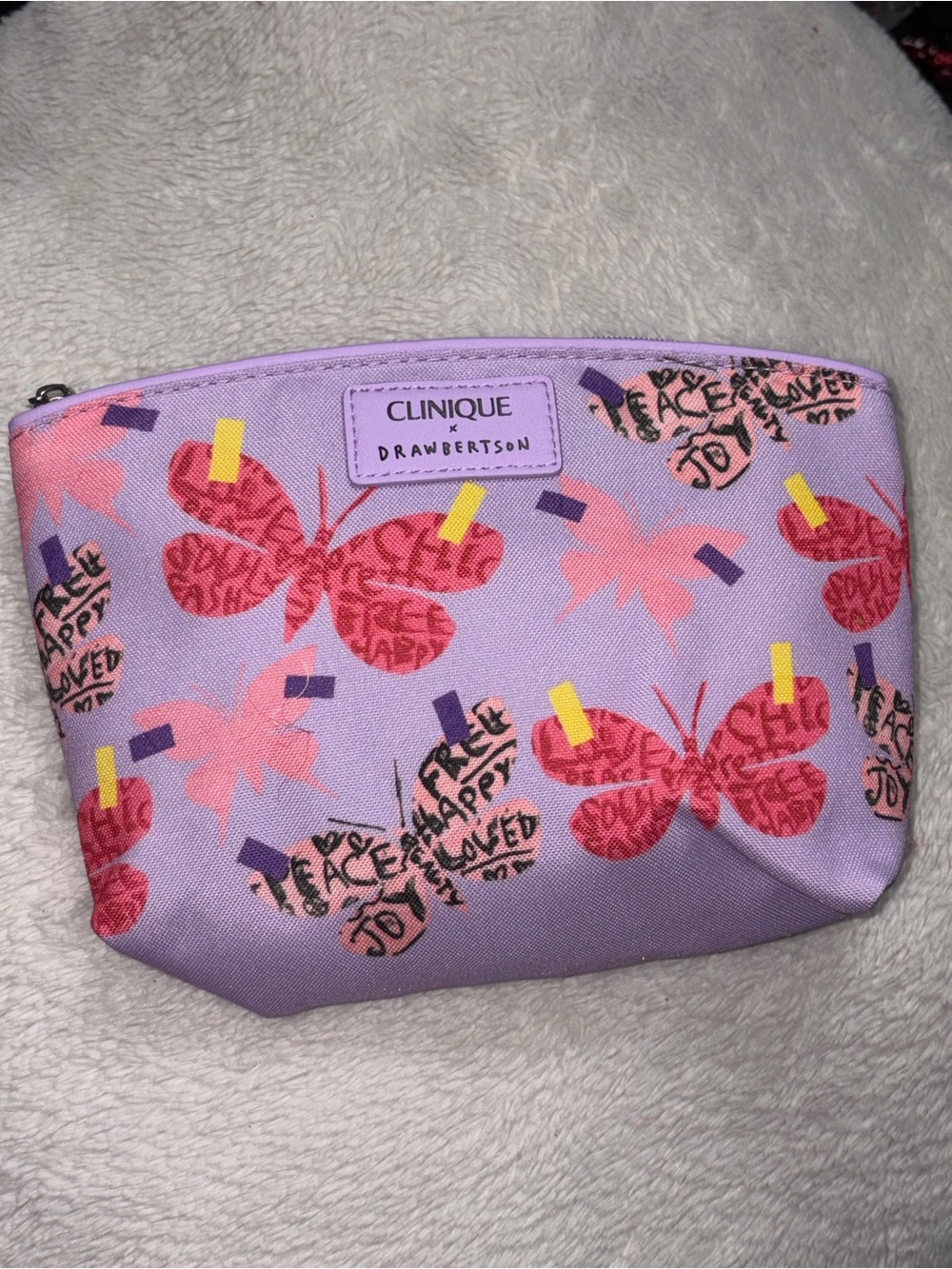 Clinique x Drawbertson Butterfly Print Makeup Bag Lavender Pink